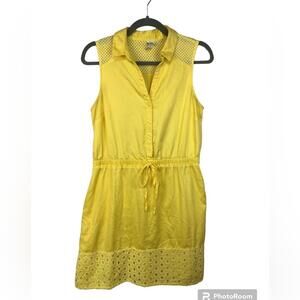 Elle Women’s Dress Eyelet Sunny Yellow Collared Elastic Waist Tie Lined